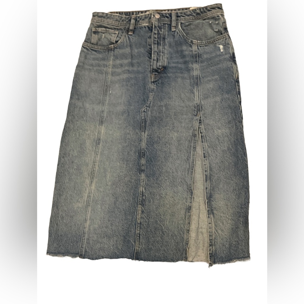 FREE PEOPLE - We The Free Denim Blue Jean Midi Skirt, Factory Distressed Size 29